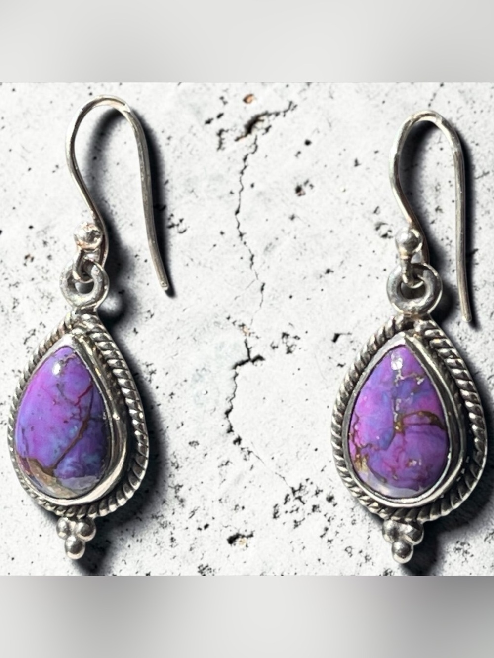 YS India 925 Silver Purple Dahlia Smooth Teardrop Bezel Set Cabochon Earrings